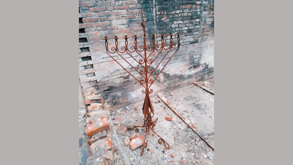 The rusted hanukkiah in the synagogue in Mariupol.
